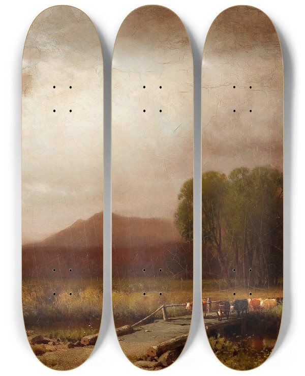 Triptych art skateboard deck of William Hart The Cattle Drive by William Hart (1823-1894)
