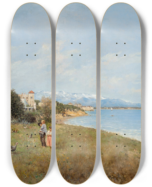 Triptych art skateboard deck of Rafael Senet Y Perez On The Mediterranean by Rafael Senet Y Perez (1856-1926)