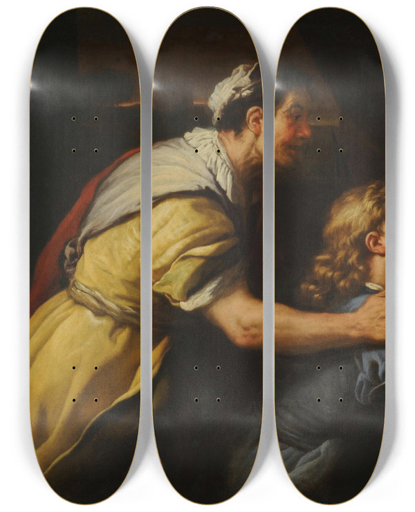 Triptych art skateboard deck of Luca Giordano Introduction Of Jacob To Isaac by Luca Giordano (1634-1705)