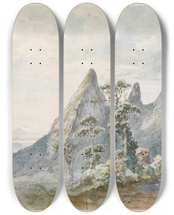 Triptych art skateboard deck of Ferdinand Keller Blick Zum Orgelgebirge by Ferdinand Keller (1842-1922)