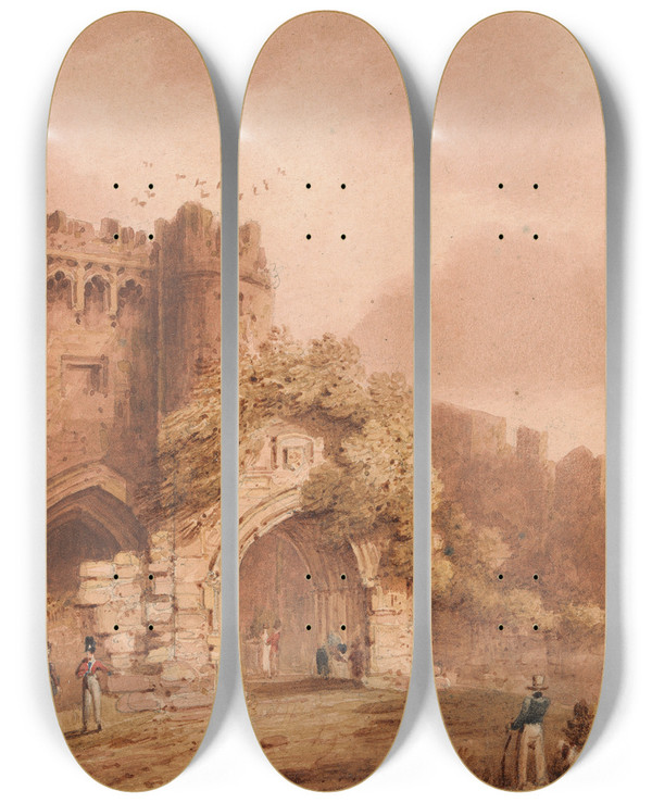 Triptych art skateboard deck of Frederick Calvert Carisbrook Castle Isle Of Wight by Frederick Calvert