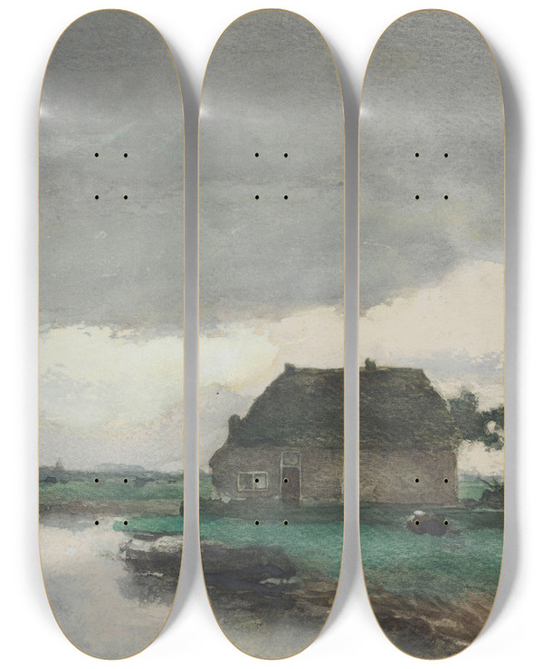 Triptych art skateboard deck of Johan Hendrik Weissenbruch Boerderij Met Schuur Aan Een Vaart by Johan Hendrik Weissenbruch (1824-1903)