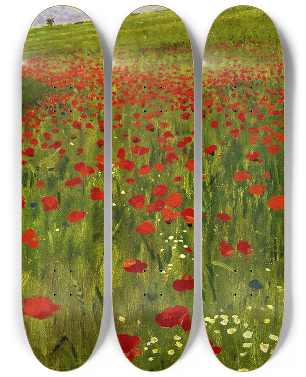 Triptych art skateboard deck of Pl Szinyei Merse Meadow With Poppies by Pal Szinyei Merse (1845-1920)