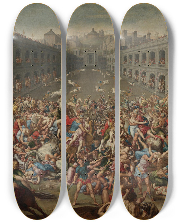 Triptych art skateboard deck of Claude Druet The Rape Of The Sabine Women by Claude Deruet (1588-1660)