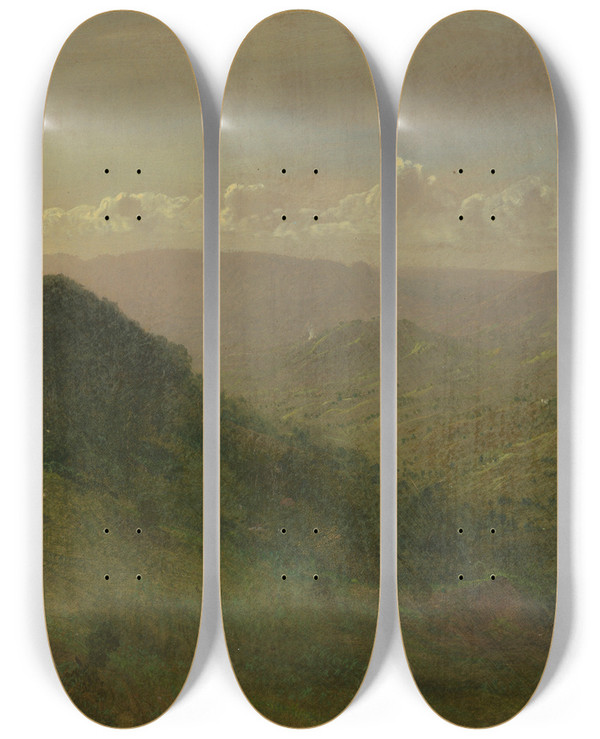 Triptych art skateboard deck of Frederic Edwin Church Hilly Landscape_1 by Frederic Edwin Church (1826-1900)