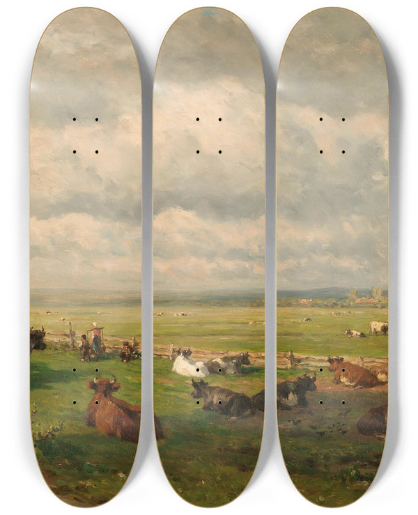 Triptych art skateboard deck of Willem Roelofs Meadow Landscape With Cattle by Willem Roelofs (1822-1897)