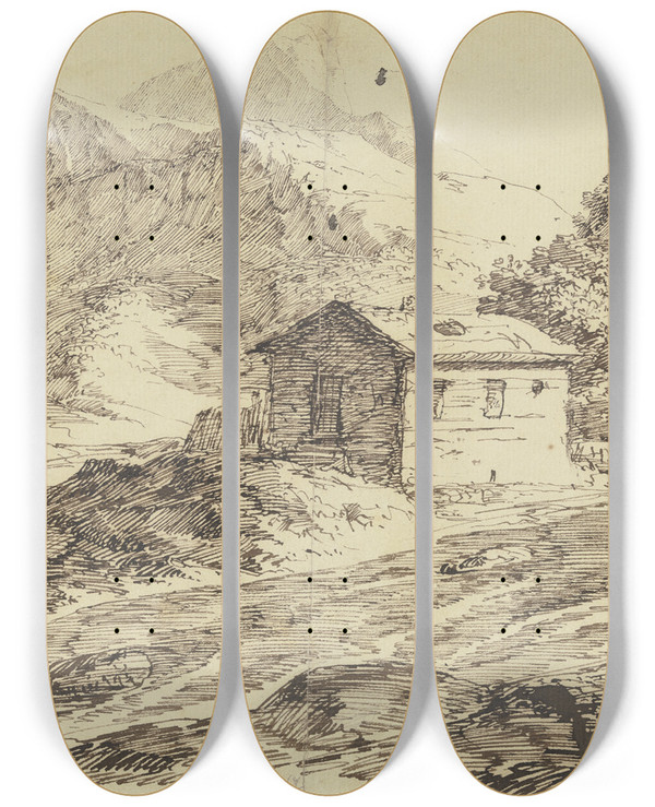 Triptych art skateboard deck of Carl Friedrich Von Rumohr Alpental Mit Bach Und Zwei Almhtten by Carl Friedrich Von Rumohr