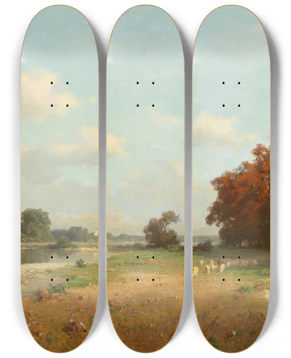 Triptych art skateboard deck of Josef Willroider Landschaft Mit Schafen by Josef Willroider (1838-1915)