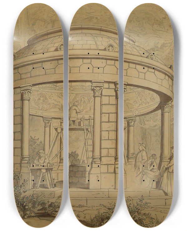 Triptych art skateboard deck of Julius Naue Der Tempel Der Melusine by Julius Naue (1833-1907)
