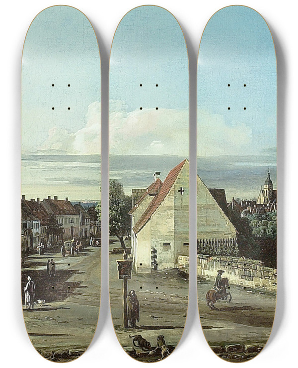Triptych art skateboard deck of Bernardo Bellotto View Of Pirna With The Fortress Of Sonnenstein by Bernardo Bellotto (1721-1780)