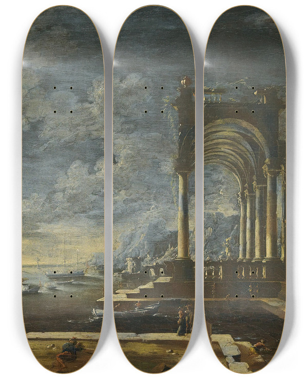 Triptych art skateboard deck of Leonardo Coccorante Classic Ruins With Fountain On The Sea by Leonardo Coccorante (1680-1750)