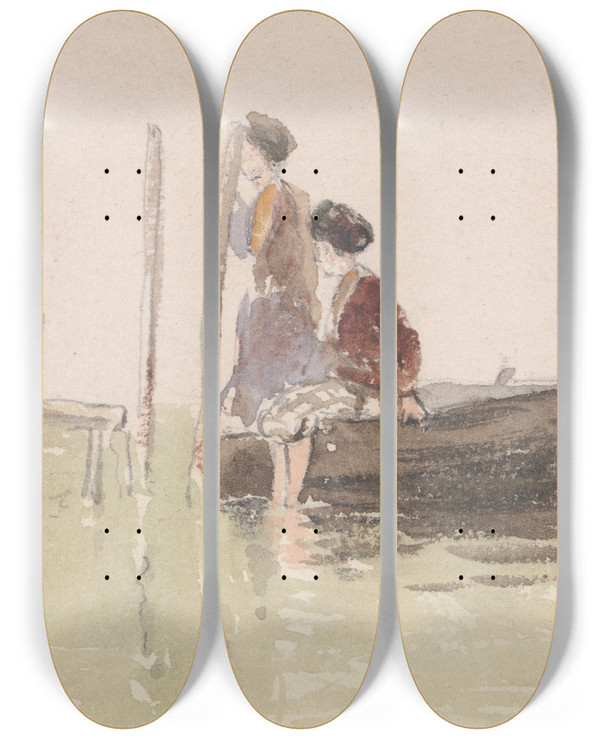 Triptych art skateboard deck of Myles Birket Foster The Jetty by Myles Birket Foster (1825-1899)