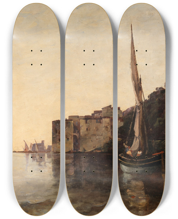 Triptych art skateboard deck of Nathaniel Hone The Younger A View Of Villefranche From The East by Nathaniel Hone the Younger (1831-1917)