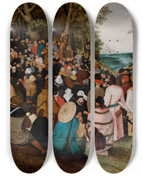 Triptych art skateboard deck of Pieter Bruegel The Elder Sermon Of Saint John The Baptist by Pieter Bruegel The Elder (1525-1569)