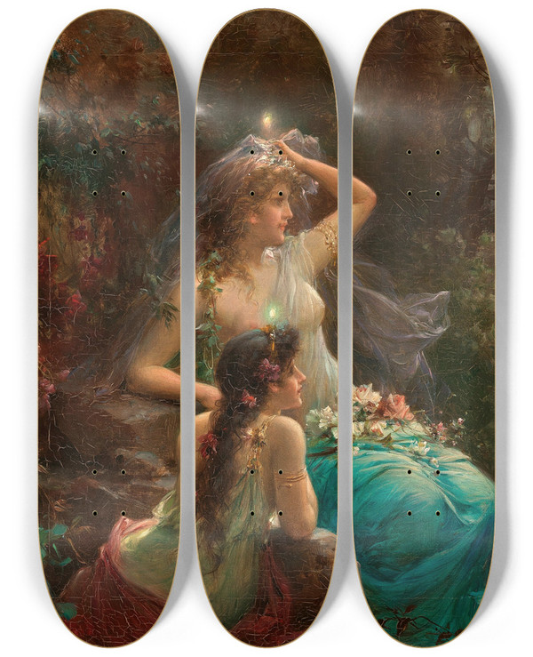 Triptych art skateboard deck of Hans Zatzka Nymphs At Dawn by Hans Zatzka (1859-1945)