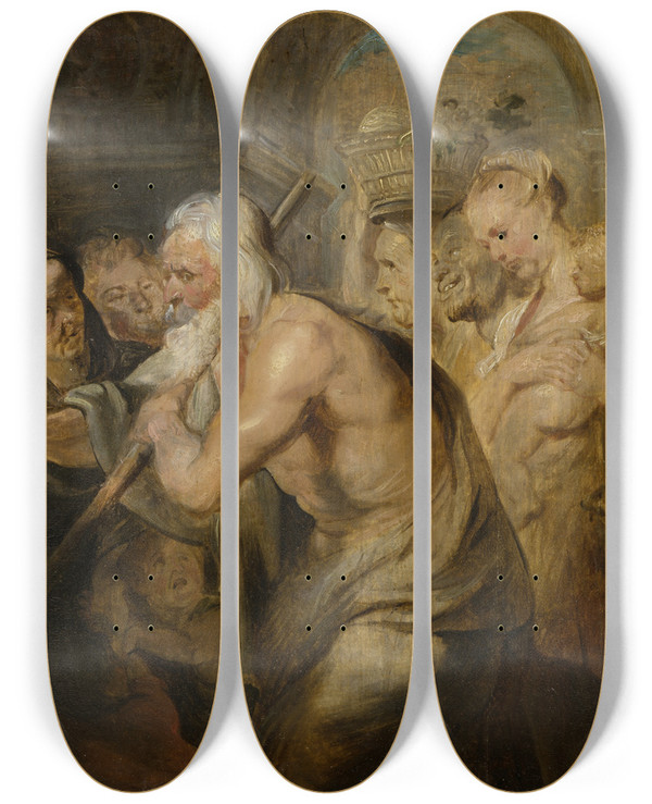 Triptych art skateboard deck of Peter Paul Rubens Diogenes Looking For An Honest Man by Peter Paul Rubens (1577-1640)