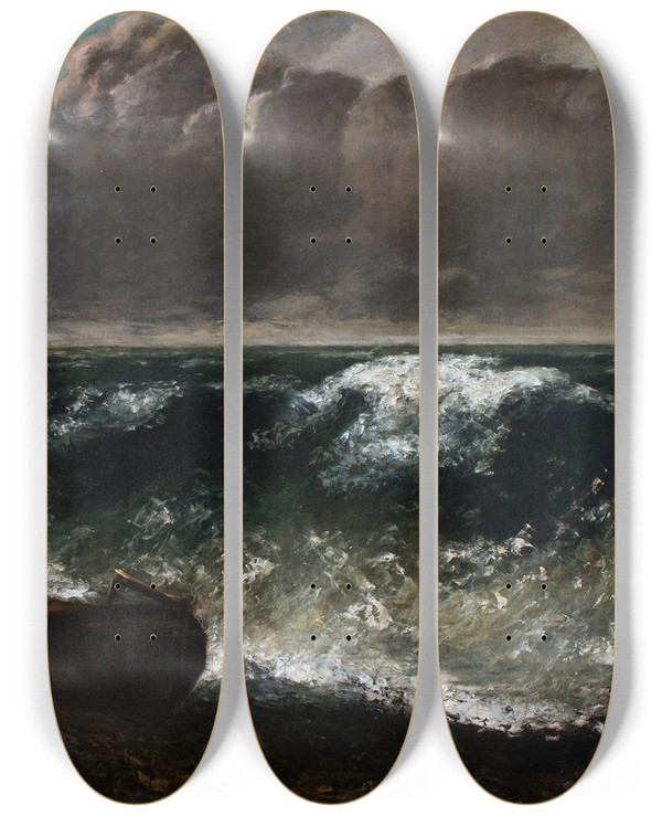 Triptych art skateboard deck of Gustave Courbet The Wave_2 by Gustave Courbet (1819-1877)