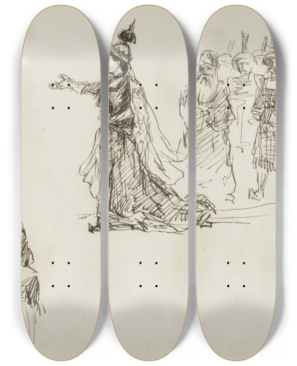 Triptych art skateboard deck of Marius Bauer Studieblad Onder Andere Met Een Militair Te Paard by Marius Bauer (1867-1932)