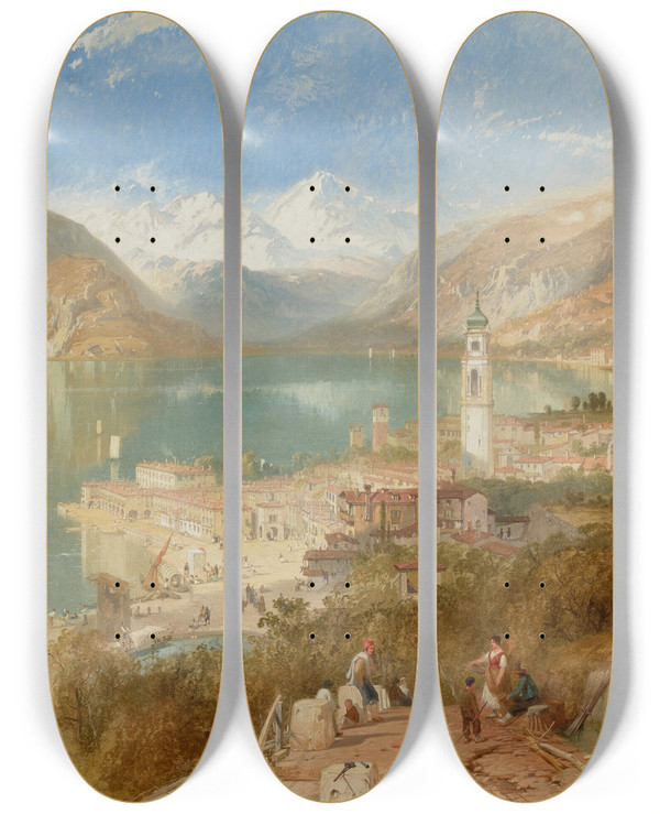 Triptych art skateboard deck of James Baker Pyne Pallanza On Lake Maggiore by James Baker Pyne (1800-1870)