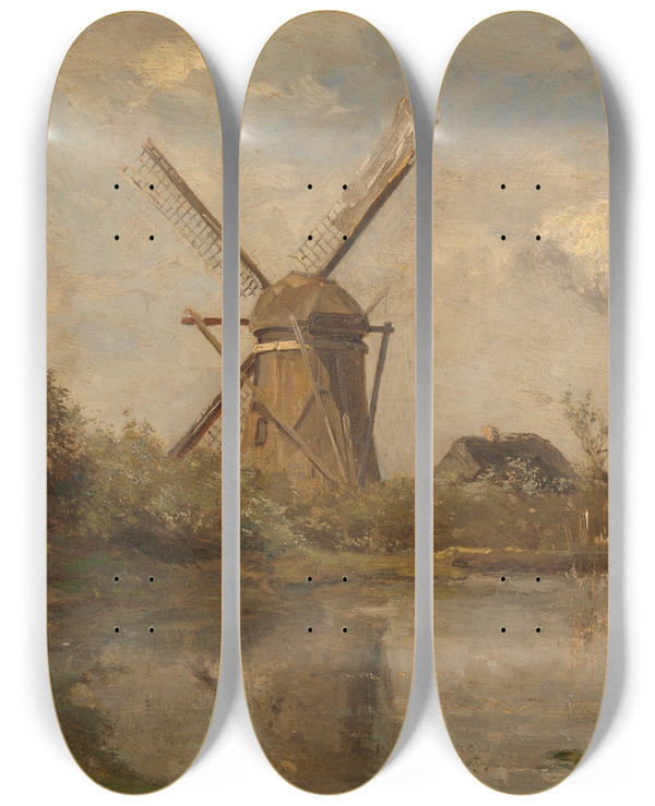 Triptych art skateboard deck of Paul Joseph Constantin Gabril Windmill On A Pond by Paul Joseph Constantin Gabriel (1828-1903)