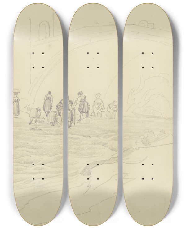 Triptych art skateboard deck of August Lucas Wscherinnen Bei Einer Brcke by August Lucas (1803-1863)