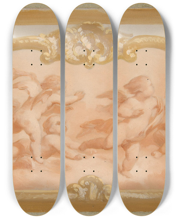 Triptych art skateboard deck of Julesedmondcharles Lachaise Design With Putti by Jules-Edmond-Charles Lachaise (1897)