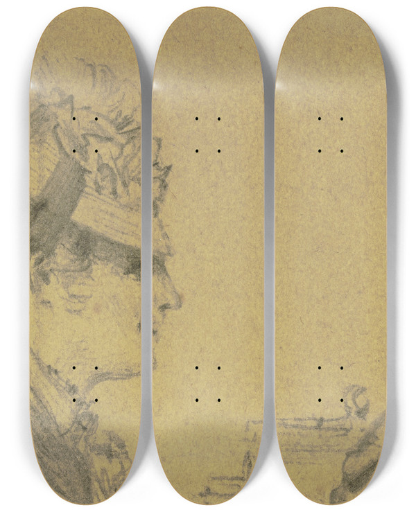 Triptych art skateboard deck of Adolph Von Menzel Dame Mit Kapotthut Im Gesprch Mit Zwei Herren by Adolph Von Menzel (1815-1905)