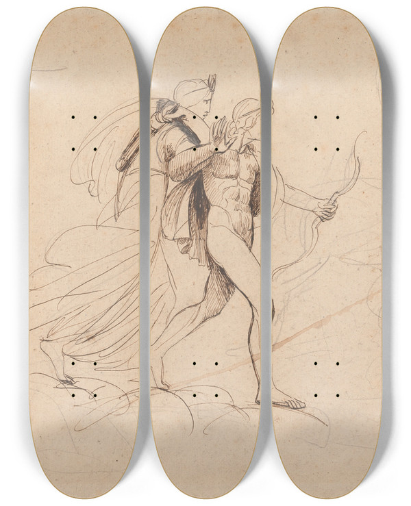 Triptych art skateboard deck of George Romney Apollo And Diana For The Destruction Of Niobes Children by George Romney (1734-1802)