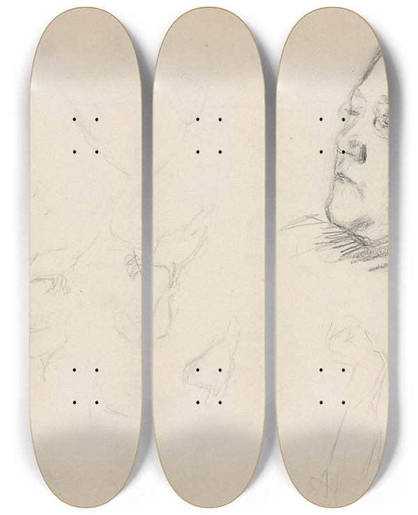 Triptych art skateboard deck of Signe Scheel Christiane Marie Mathilde Bay Riss Av Fugler Riss Av Kvinne by Signe Scheel (1860-1942)