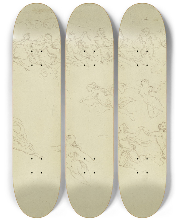 Triptych art skateboard deck of Moritz Von Schwind Study Sheet Elfin Dance by Moritz Von Schwind (1804-1871)