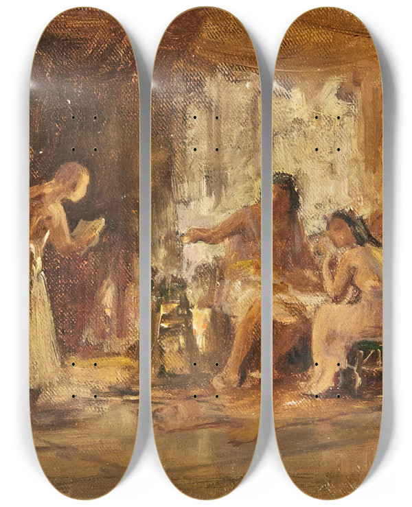 Triptych art skateboard deck of Frederick Arthur Bridgman Study Of A Group In An Interior by Frederick Arthur Bridgman (1847-1928)