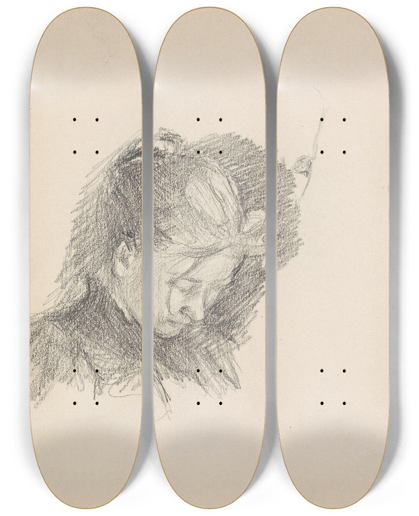 Triptych art skateboard deck of Signe Scheel Kvinneportrett Riss Av Profil Riss Av Kvinne by Signe Scheel (1860-1942)