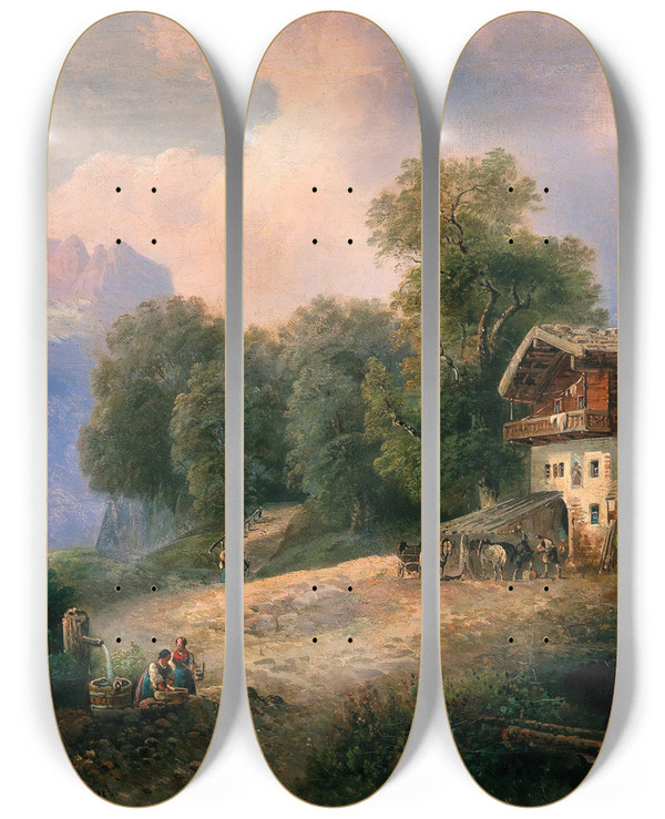 Triptych art skateboard deck of Emil Barbarini A Scene In Berchtesgaden by Emil Barbarini (1855-1933)