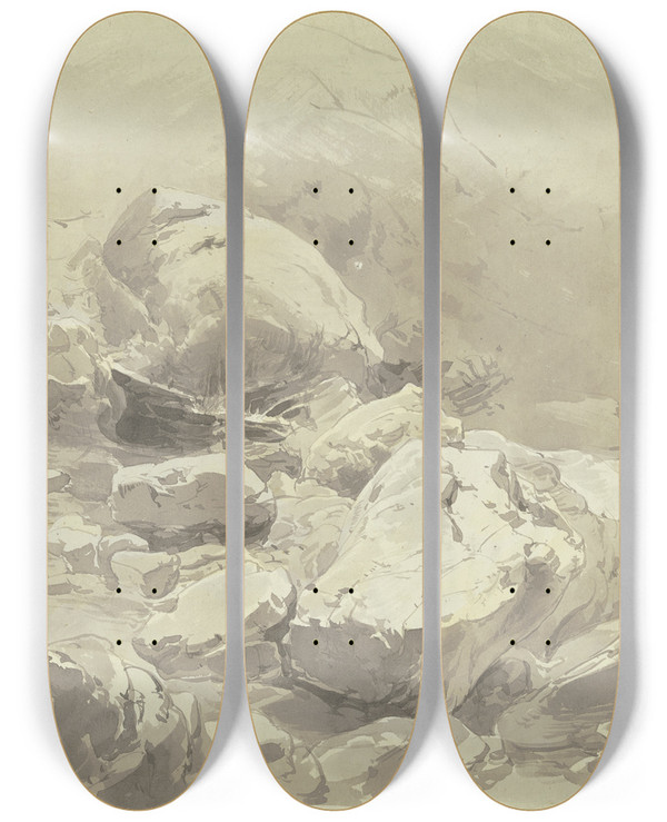 Triptych art skateboard deck of Fritz Bamberger Felsengerll Im Hochgebirge Bei Partenkirchen by Fritz Bamberger (1814-1873)
