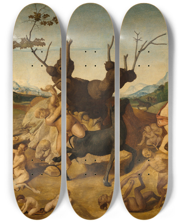 Triptych art skateboard deck of Piero Di Cosimo The Misfortunes Of Silenus by Piero di Cosimo (1462-1521)