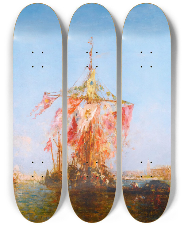 Triptych art skateboard deck of Flix Ziem Bateau Pavois Sur Le Bassin Venise by Felix Ziem (1821-1911)