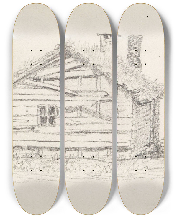Triptych art skateboard deck of Hans Gude Laftet Bygning by Hans Gude (1825-1903)