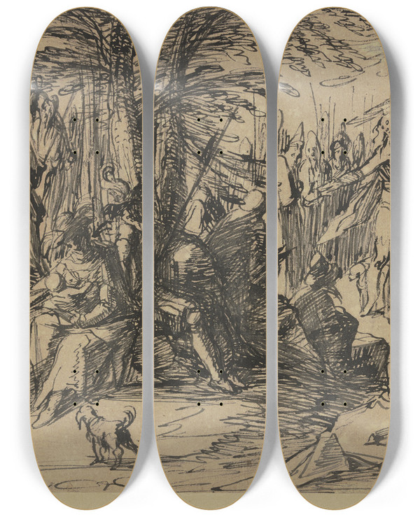 Triptych art skateboard deck of Hermann Weyer Die Predigt Johannes Des Tufers Im Walde by Hermann Weyer (1596-1621)