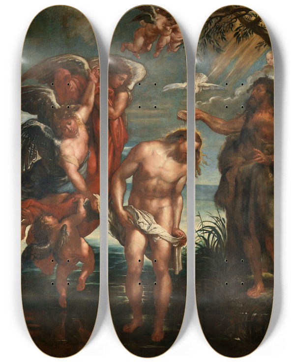 Triptych art skateboard deck of Peter Paul Rubens The Baptism Of Christ by Peter Paul Rubens (1577-1640)