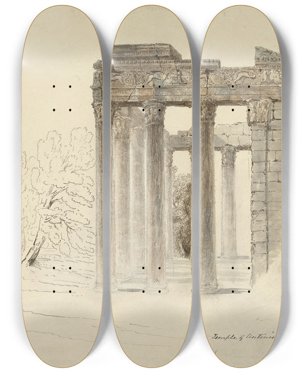 Triptych art skateboard deck of Hugh William Williams De Tempel Van Antoninus En Faustina Te Rome by Hugh William Williams (1773-1829)