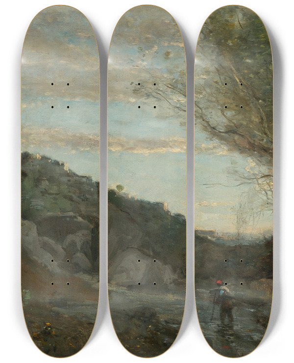 Triptych art skateboard deck of Jeanbaptistecamille Corot Un Torrent Des Abruzzes by Jean-Baptiste-Camille Corot (1796-1875)