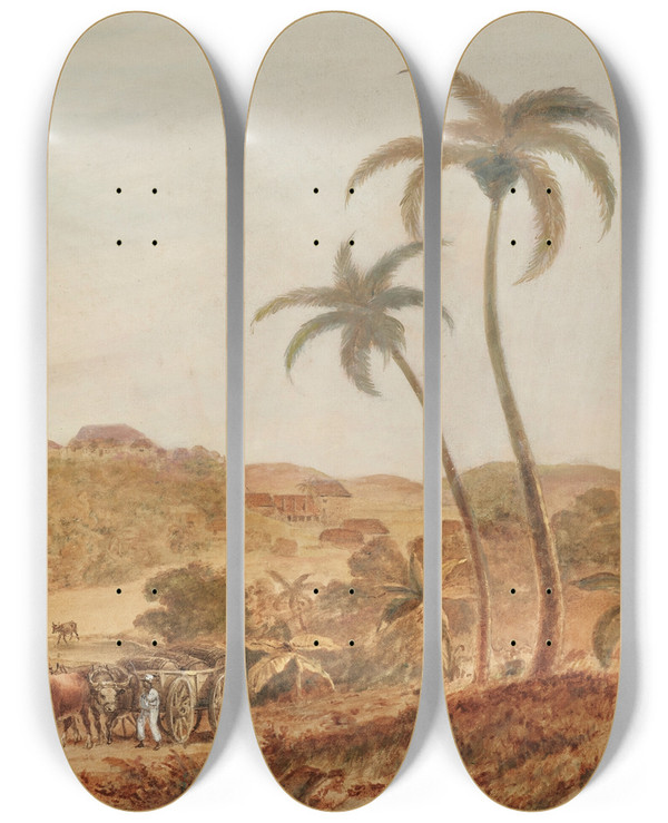 Triptych art skateboard deck of Nicholas Pocock View Of Barbados by Nicholas Pocock (1740-1821)