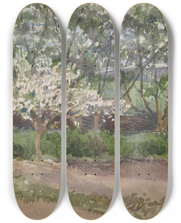 Triptych art skateboard deck of Ladislav Mednynszky Blooming Tree by Ladislav Mednyanszky (1852-1919)