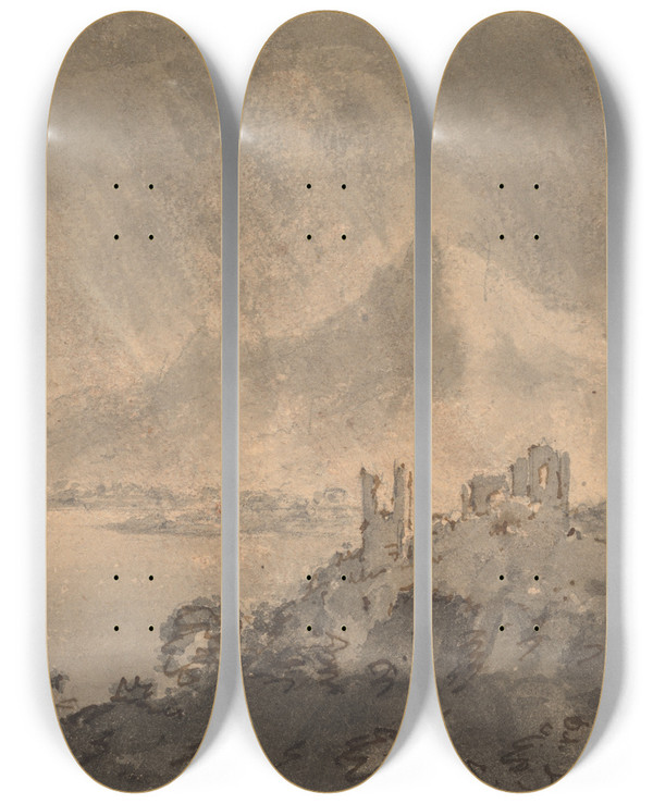 Triptych art skateboard deck of William Gilpin Castle Above A Lake With Distant Mountain Under Stormy Sky by William Gilpin (1724-1804)