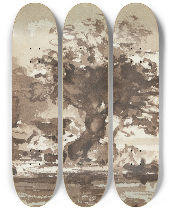 Triptych art skateboard deck of John Varley Trees And Cottages At The Bend Of A River by John Varley (1778-1842)