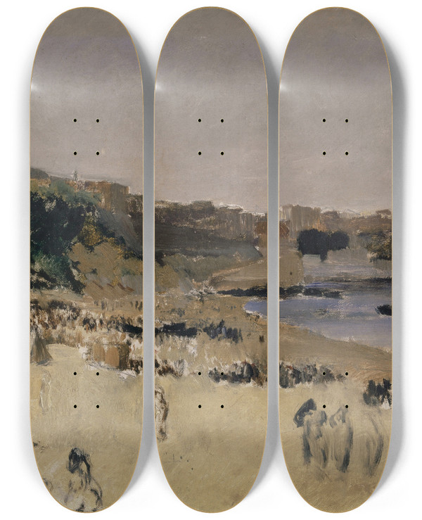 Triptych art skateboard deck of Frank Buchser On The Beach At Tangier by Frank Buchser (1828-1890)