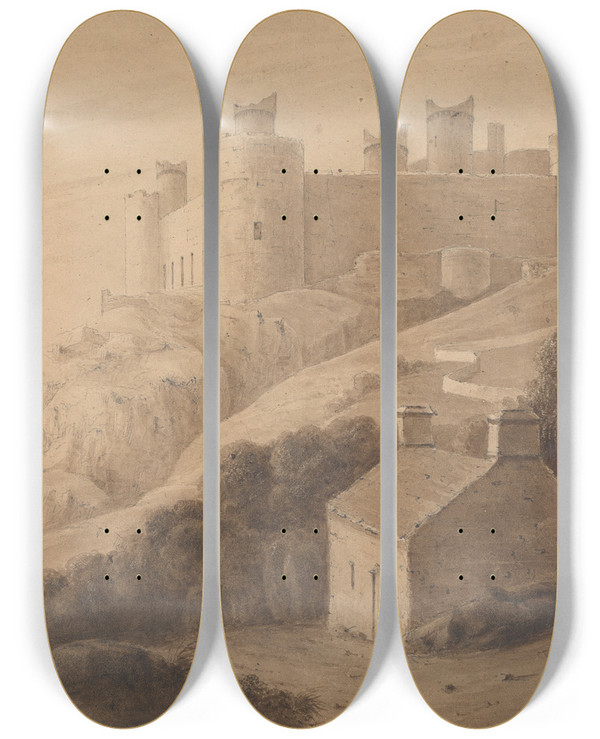 Triptych art skateboard deck of Isaac Weld Harlech Castle_2 by Isaac Weld (1774-1856)
