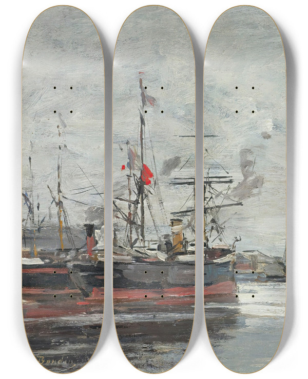 Triptych art skateboard deck of Eugne Boudin Le Havre Le Port by Eugene Boudin (1824-1898)