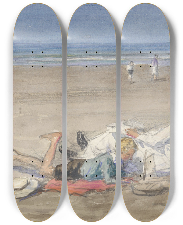 Triptych art skateboard deck of Johan Antonie De Jonge Rustend Kindermeisje Met Twee Kinderen Op Het Strand by Johan Antonie De Jonge (1864-1927)