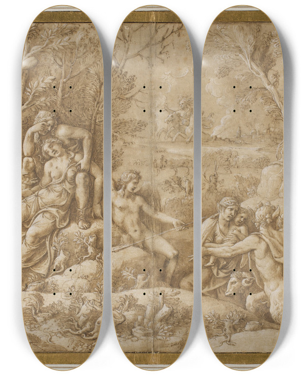 Triptych art skateboard deck of Giulio Romano Cephalus Grieves For Procris_2 by Giulio Romano (1492-1546)